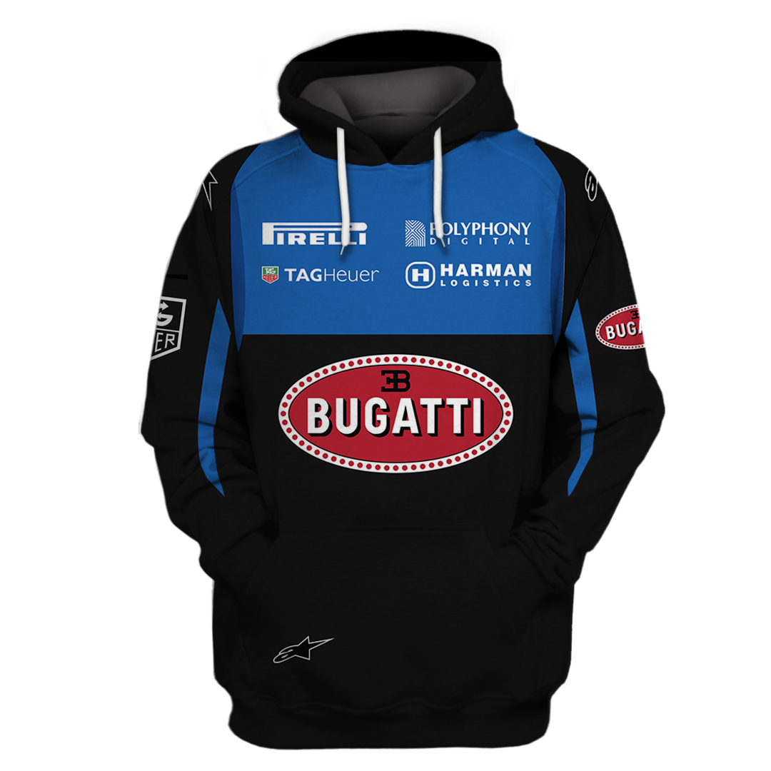 Hoodie Bugatti , Gt Sport, Tag Heuer, Polyphony Digital, Harman Logistics,  Pirelli, Alpinestars Racing Uniform T-Shirt in Cotton - Black Size (M, L,  2XL, 3XL)