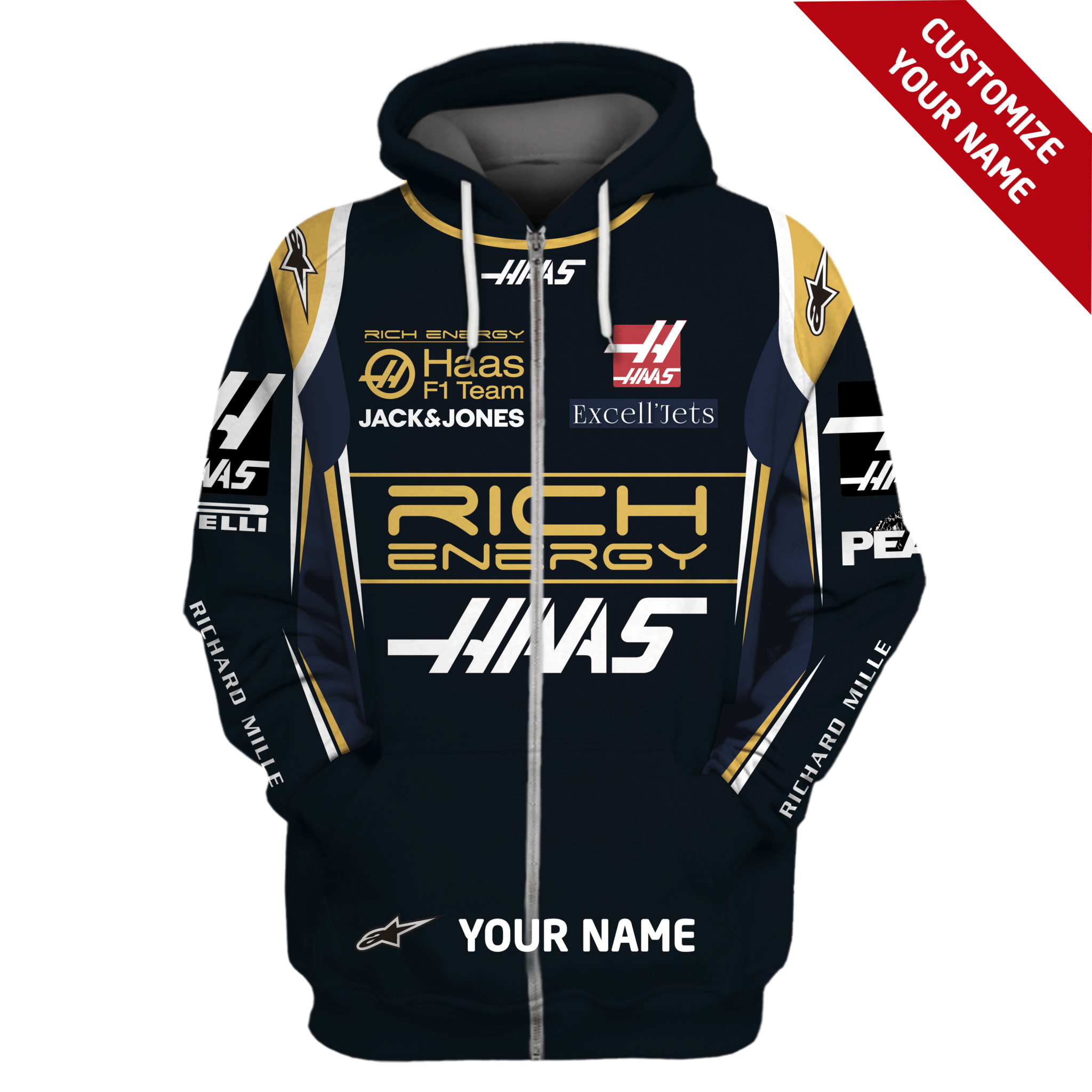 Kevin Magnussen, Romain Grosjean Hoodie Haas F1 Team Sweater Rich Energy, Haas F1 Team, Jack & Jones, Excl’Jets, Richard Mille Personalized Hoodie