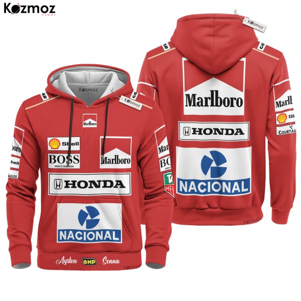 Magic Senna McLaren Grand Prix Hoodie - Tag Heuer Personalized Sweater with OMP, Nacional, Marlboro, Honda, Shell & BOSS Fashion Design