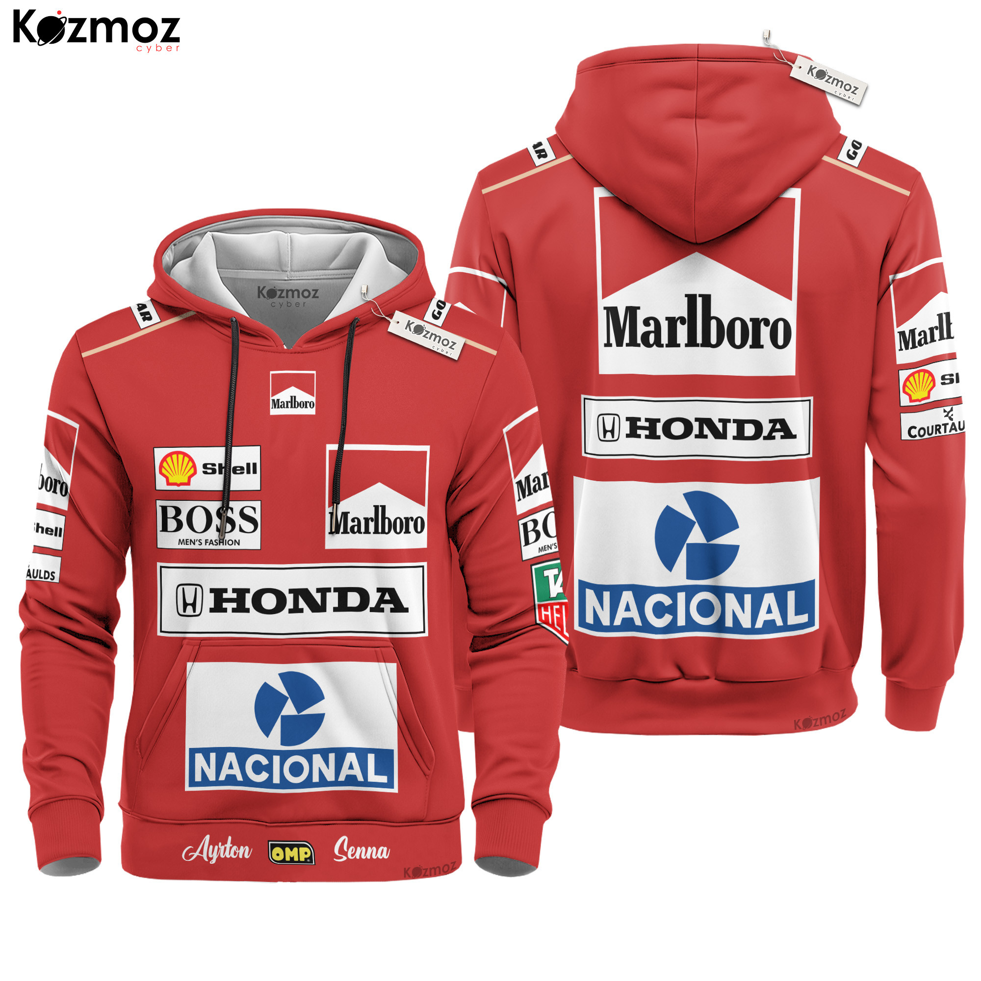 Magic Senna McLaren Grand Prix Hoodie - Tag Heuer Personalized Sweater with OMP, Nacional, Marlboro, Honda, Shell & BOSS Fashion Design