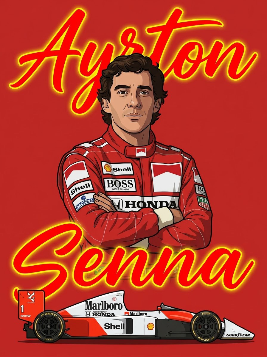 Graphic illustration of legendary three-time Formula 1 World Champion Ayrton Senna wearing his iconic red and white McLaren racing suit alongside his MP4/4 race car.