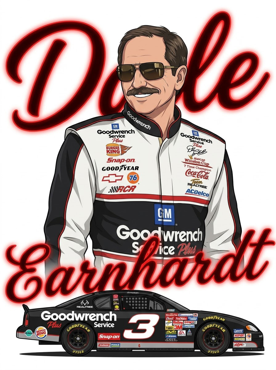Graphic illustration of legendary NASCAR driver Dale Earnhardt wearing his Goodwrench racing suit, featuring his iconic black number 3 stock car.