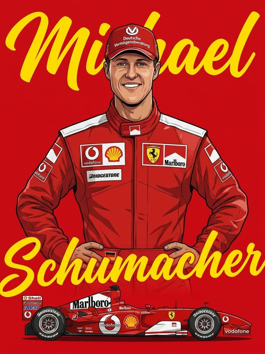 Graphic illustration of legendary seven-time Formula 1 World Champion Michael Schumacher wearing his iconic red Scuderia Ferrari racing suit and cap, featuring his race car at the