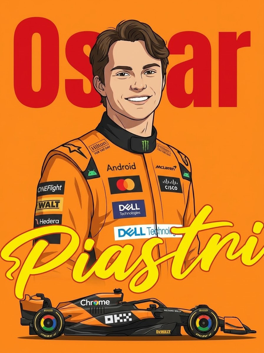Graphic illustration of Formula 1 driver Oscar Piastri wearing an orange racing suit, with his racing car.