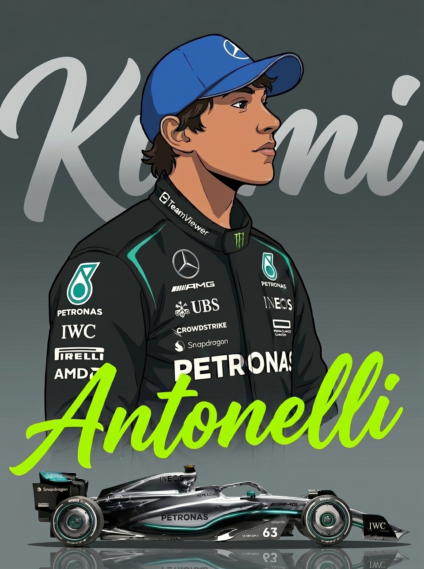 Graphic illustration of Formula 1 driver Kimi Antonelli wearing his iconic black and teal Mercedes-AMG Petronas racing suit and cap alongside his race car.